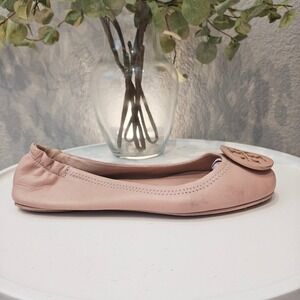 Tory Burch Minnie Travel‎ Ballet Flat Peach Light Beige Metal Logo 8.5 Excellent